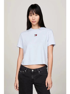 Tommy Hilfiger Kadın Kısa Rozetlı Mavi T-Shirt