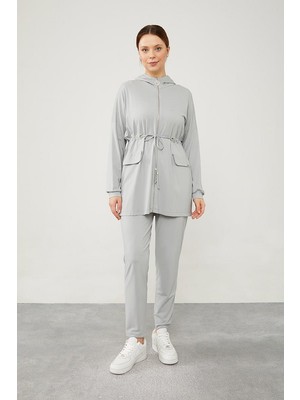 Levidor Gri Kapüşonlu Belden Büzülebilir İpli Spor Takım