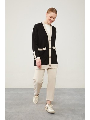 Levidor Siyah-Bej Ribanası Düğme Detaylı Hırkalı Takım