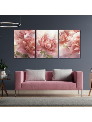 Gaagart 3'lü Kanvas Duvar Tablosu Soft Pastel Pembe Çiçek Tasarımı