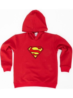 Sedirli Superman Baskılı Kapüşonlu Pamuklu Kumaş Çocuk Sweatshirt
