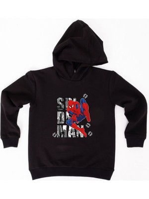 Sedirli Spiderman Baskılı Örümcek Adam Kapüşonlu Pamuklu Kumaş Çocuk Sweatshirt