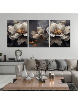 Gaagart 3'lü Kanvas Duvar Tablosu Gri Soyut Çiçekler Tasarımı