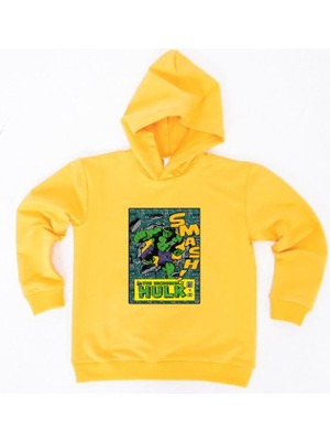 Sedirli Hulk Baskılı Kapüşonlu Pamuklu Kumaş Çocuk Sweatshirt