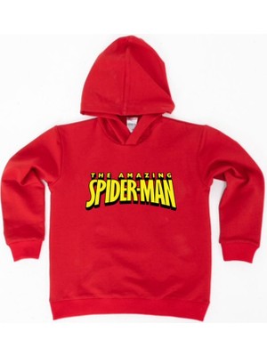 Sedirli Spiderman Baskılı Örümcek Adam Kapüşonlu Pamuklu Kumaş Çocuk Sweatshirt