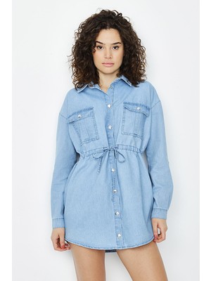 Select Moda Kadın Çıtçıt Kapamalı Denim Gömlek Elbise
