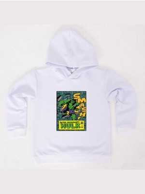 Sedirli Hulk Baskılı Kapüşonlu Pamuklu Kumaş Çocuk Sweatshirt