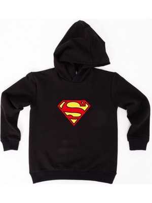 Sedirli Superman Baskılı Kapüşonlu Pamuklu Kumaş Çocuk Sweatshirt