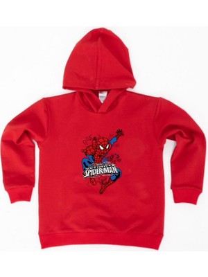 Sedirli Spiderman Baskılı Örümcek Adam Kapüşonlu Pamuklu Kumaş Çocuk Sweatshirt