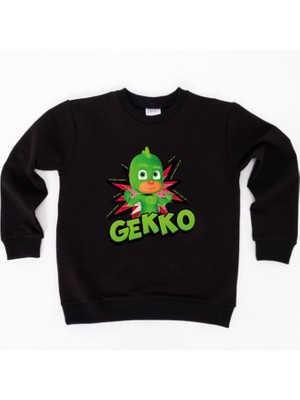 Sedirli Pj Maskeliler Gekko Baskılı Pamuklu Kumaş Çocuk Sweatshirt