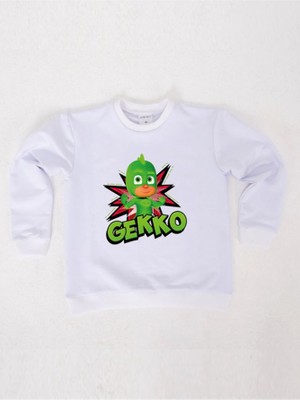 Sedirli Pj Maskeliler Gekko Baskılı Pamuklu Kumaş Çocuk Sweatshirt