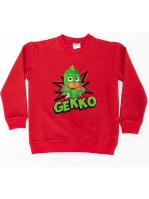 Sedirli Pj Maskeliler Gekko Baskılı Pamuklu Kumaş Çocuk Sweatshirt
