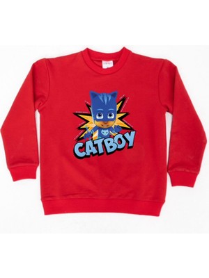 Sedirli Pj Maskeliler Catboy Baskılı Pamuklu Kumaş Çocuk Sweatshirt