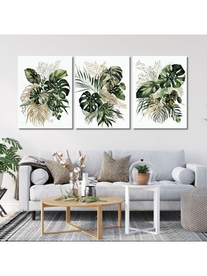 Gaagart 3'lü Kanvas Duvar Tablosu Botanik Yeşil Yaprak Tasarımı