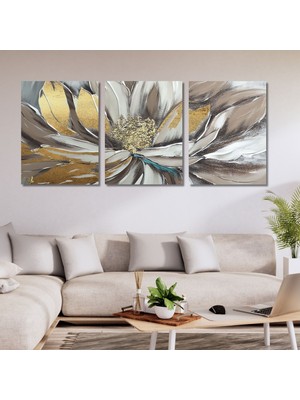 Gaagart 3'lü Kanvas Duvar Tablosu Gold Yakın Açı Çiçek Tasarımı