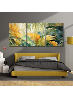 Gaagart 3'lü Kanvas Duvar Tablosu Yeşil Sarı Büyük Yapraklar Tasarımı