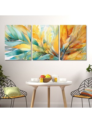 Gaagart 3'lü Kanvas Duvar Tablosu Sarı Turuncu Soyut Karışık Yapraklar