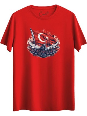 Çapıt  Pamuklu Istanbul Türk Bayrağı Baskılı Kırmızı Milli Tişört