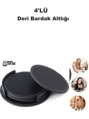 Flyonlook Deri Bardak Altlığı 4 Adet Bardak Altlığı Yuvarlak Tasarım Ofiste Evde Masanızı Tamamlayıcı Bardak