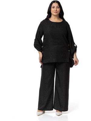 Büyük Beden Yanları Düğme Detaylı Bluz Pantolon Siyah Ikili Takım