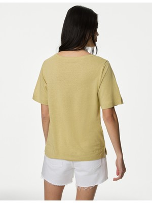 Marks & Spencer Kısa Kollu V Yaka Keten T-Shirt