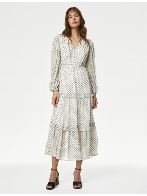Marks & Spencer Puantiye Desenli Uzun Kollu Maxi Elbise