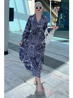 Madmext Mavi Desenli Kruvaze Yaka Uzun Kadın Elbise MG2052