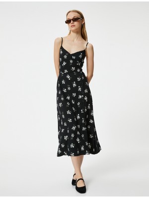 Koton Çiçekli Elbise Midi Ip Askılı Düğme Detaylı V Yaka Yırtmaçlı Viskon Kumaş