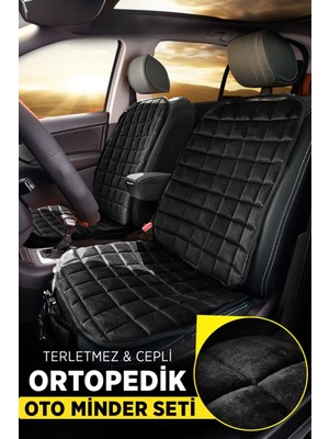 Mısırlı Grup Lüx Soft Cepli Ortopedik Kadife Dokulu Oto  Ön 2 Koltuk Sırt Dayamalı ve Alt Minder Set ( N0:2)--Siyah