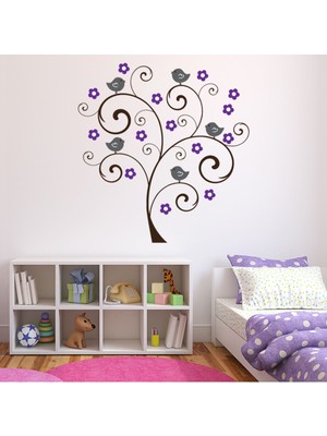 Jeronkarji Mor Kuş Ağacı Çiçekleri Dekoratif Duvar Sticker Çıkartma Bebek Çocuk Odası