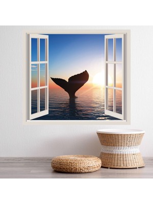 Jeronkarji Gün Batımı Balina 3D Pencere Dekoratif Duvar Sticker Çıkartma Yatak Çocuk Odası