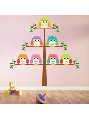 Jeronkarji Renkli Baykuşlar Ağaç Dekoratif Duvar Sticker Çıkartma Bebek Çocuk Odası