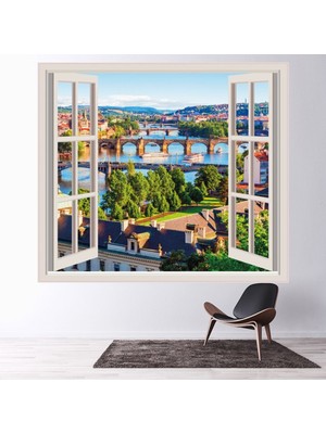 Jeronkarji Prag Şehir Manzarası 3D Pencere Dekoratif Duvar Sticker Çıkartma Ofis Oturma Odası