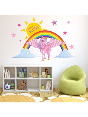 Jeronkarji Gökkuşağı Unicorn Dekoratif Duvar Sticker Çıkartması Kişiye Özel Çocuk Odası Çıkartması Bebek Çocuk