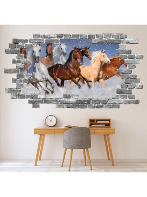 Jeronkarji Vahşi Dört Nala Koşan Atlar Gri Tuğla 3D Delik Dekoratif Duvar Sticker Çıkartma Bebek Çocuk Odası