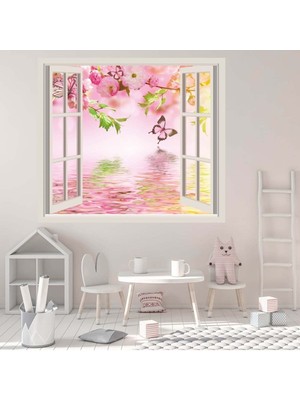 Jeronkarji Pembe Kelebek ve Çiçekler 3D Pencere Dekoratif Duvar Sticker Çıkartması Ofis Oturma Odası