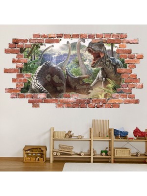 Jeronkarji Dinozorların Savaşı T-Rex Kırmızı Tuğla 3D Delik Dekoratif Duvar Sticker Çıkartması Çocuk Odası