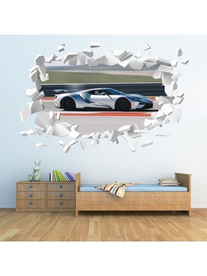 Jeronkarji Yarış Arabası Ford Beyaz Tuğla 3D Delik Dekoratif Duvar Sticker Çıkartma Bebek Çocuk Odası