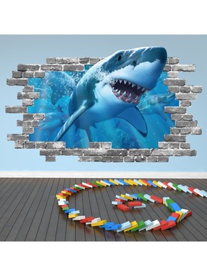 Jeronkarji Büyük Beyaz Köpekbalığı Gri Tuğla 3D Delik Dekoratif Duvar Sticker Çıkartması Bebek Çocuk Odası