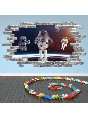 Jeronkarji Astronotlar Uzay Gri Tuğlada 3D Delik Dekoratif Duvar Sticker Çıkartması Bebek Çocuk Odası