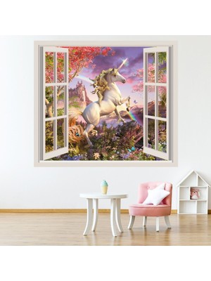 Jeronkarji Tek Boynuzlu At 3D Pencere Dekoratif Duvar Sticker Çıkartma Bebek Çocuk Odası