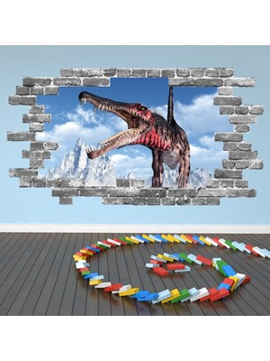 Jeronkarji Spinosaurus Dinozor Gri Tuğla 3D Delik Dekoratif Duvar Sticker Çıkartması Bebek Çocuk Odası