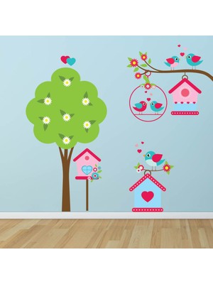 Jeronkarji Pembe Kuş Evi ve Ağaç Kreş Dekoratif Duvar Çıkartma Seti Bebek Çocuk Odası