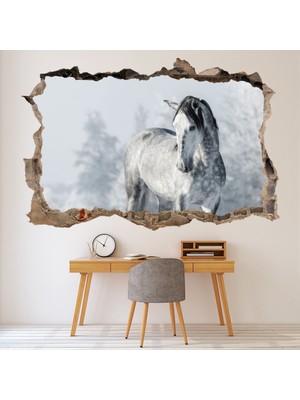 Jeronkarji Gri At 3D Delik Dekoratif Duvar Sticker Çıkartma Bebek Çocuk Odası