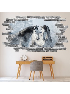 Jeronkarji Iki Gri At Gri Tuğla 3D Delik Dekoratif Duvar Sticker Çıkartması Bebek Çocuk Odası