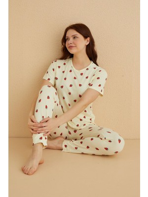 Farya Home Dreamy Ipeksi Kaşkorse Çilek Desenli Kısa Kollu Pijama Takımı