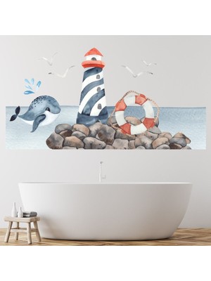 Jeronkarji Balina ve Deniz Feneri Okyanus Banyo Çocuk Dekoratif Duvar Sticker Çıkartma Bebek Çocuk Odası