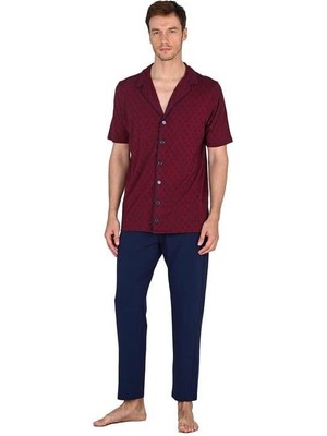 Jiber Bordo Erkek Önden Düğmeli Kısa Kollu Pijama Takımı