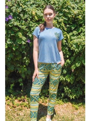Jiber Mavi Kadın Kısa Kol Pijama Takımı