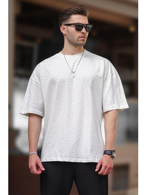Madmext Ekru Oversize Yırtık Deyatlı Pamuklu Tişört 7032